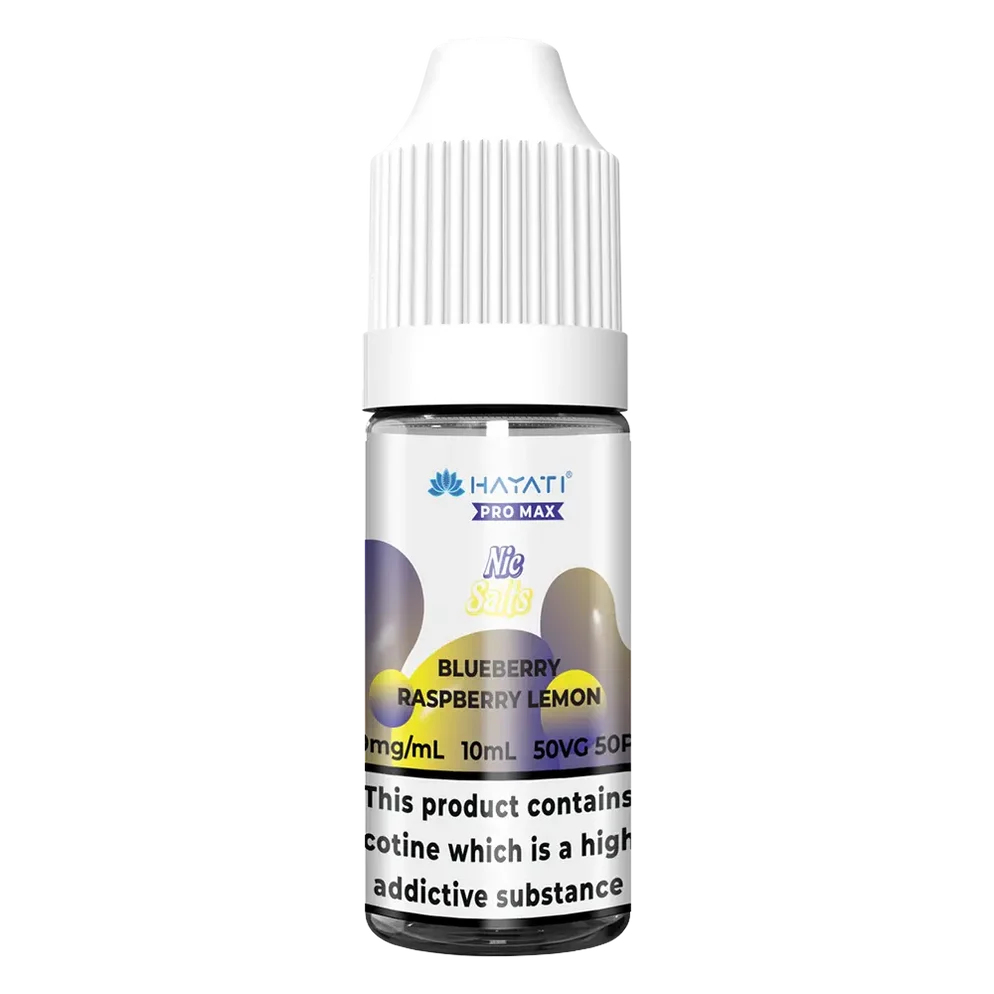 Hayati Pro Max Nic Salt Vape E-Liquid 10ml in Blueberry Raspberry Lemon Flavor, offering a smooth and satisfying vaping experience with convenient 10ml bottle packaging.