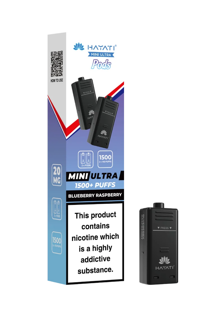 Hayati Mini Ultra 1500 Blueberry Raspberry prefilled pods compatible with the Mini Ultra device, available in various flavours