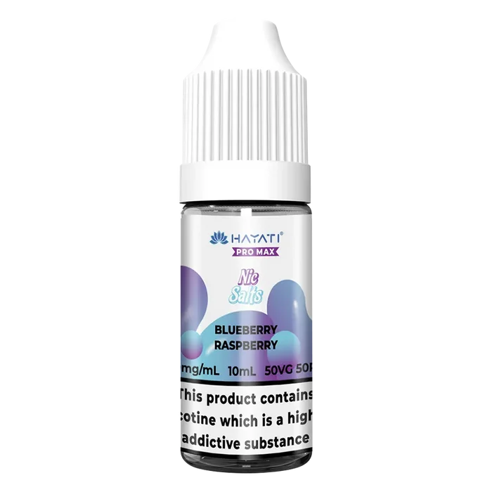 Hayati Pro Max Blueberry Raspberry Nic Salt vape juice, combining juicy blueberries and tangy raspberries for a balanced berry flavor with smooth nicotine delivery and a refreshing vape experience.