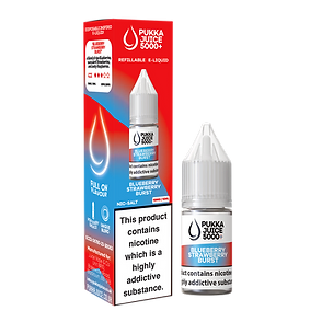 A bottle of Pukka Juice 5000+ Nic Salt E-Liquid in Blueberry Strawberry Burst flavor, with a child-resistant cap, displayed alongside its packaging which indicates the product contains nicotine.