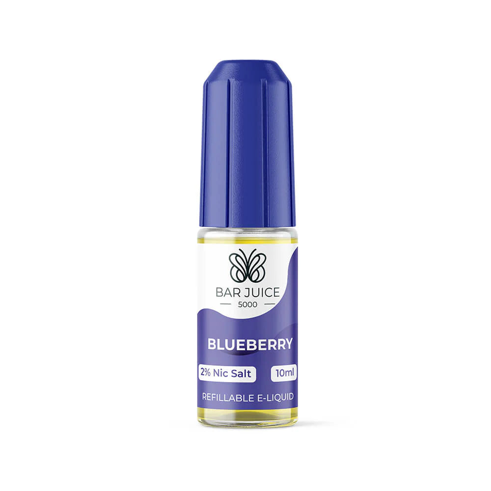 Bar Juice 5000 e-liquid bottle and packaging, with blueberry flavor indication, nicotine warning, and product information.
