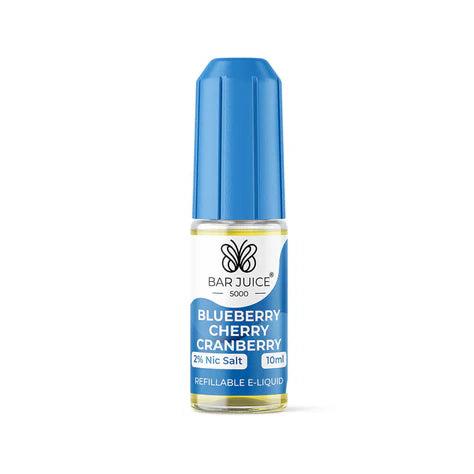 The image shows a bottle of Bar Juice 5000 e-liquid in a blue color with a label that includes the product name, strength (20mg), and flavor (Blueberry). There is also a schematic representation of a bar chart indicating the nicotine strength.