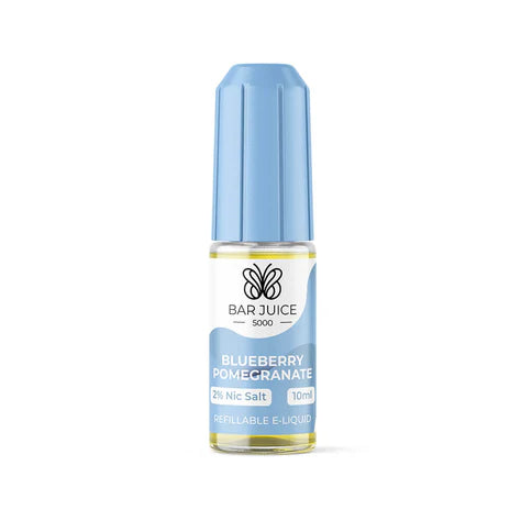 A product image showing a box and a bottle of Bar Juice 5000 Blueberry Pomegranate Nic Salt Vape juice. The box is predominantly white with blue accents, and the bottle is clear with a blue cap.