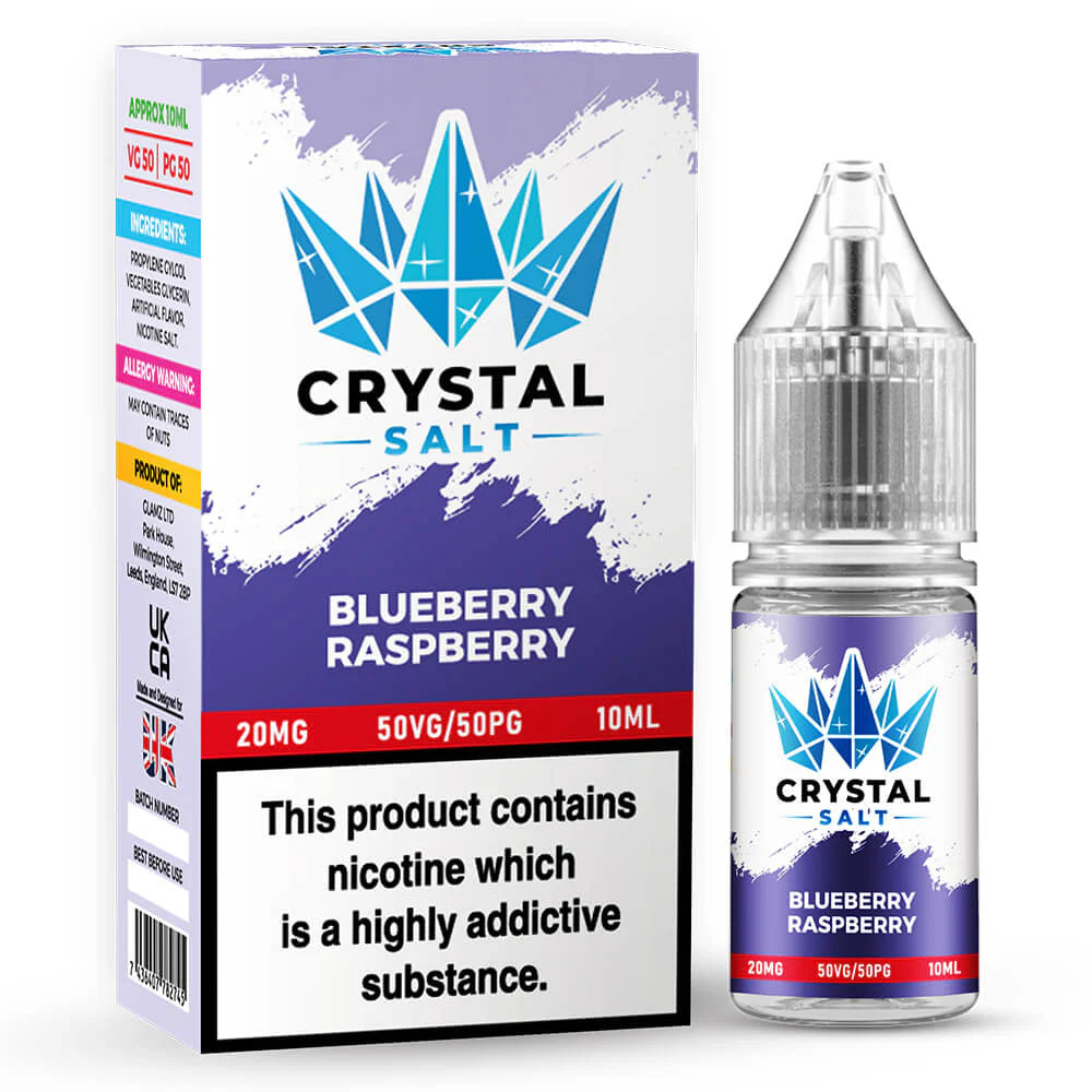 Crystal Salt Nic Salt E-Liquid bottle in Blueberry Raspberry flavor with nicotine strength labeling.