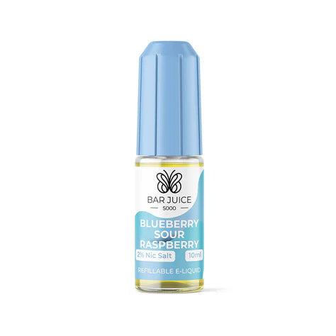 Bar Juice 5000 e-liquid bottle and packaging, with blueberry and sour raspberry flavor indications, and a nicotine strength of 20mg.