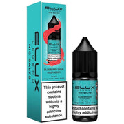 A product image showing a bottle of Elux Legend Nic Salt E-Liquid in Blueberry Sour Raspberry flavor, along with its packaging that indicates the nicotine content and product name.