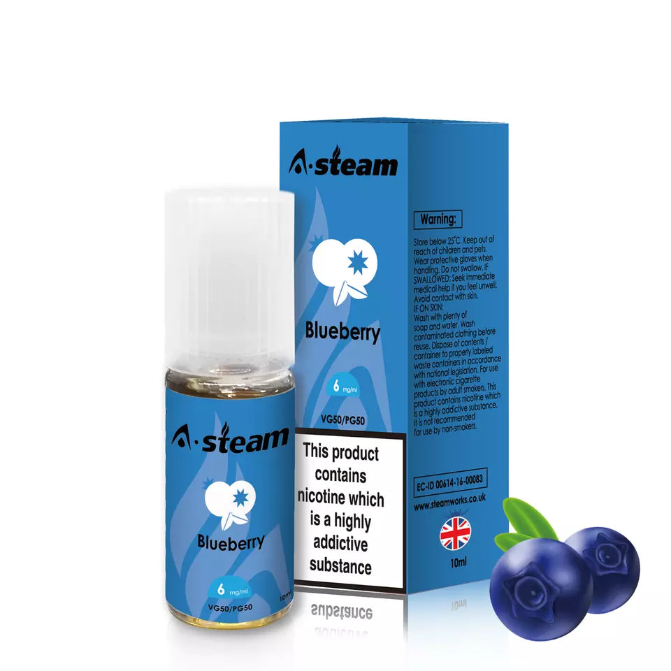 A-Steam 10ml e-liquid bottle in Blueberry flavor, offering a variety of flavors for vaping.
