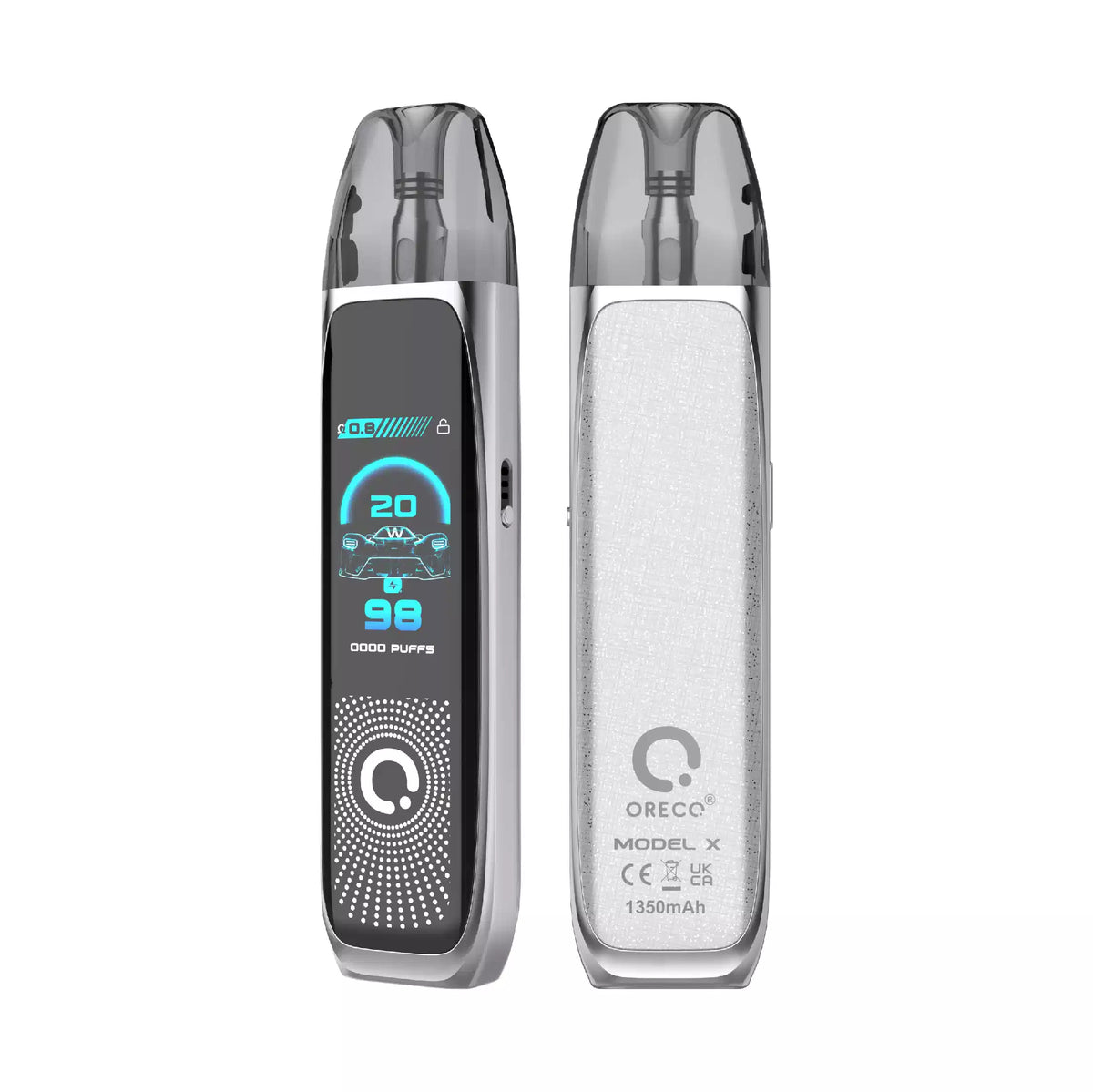 Oreco Model X Vape Kit in Bright Silver Color, featuring a compact design for a convenient and enjoyable vaping experience.