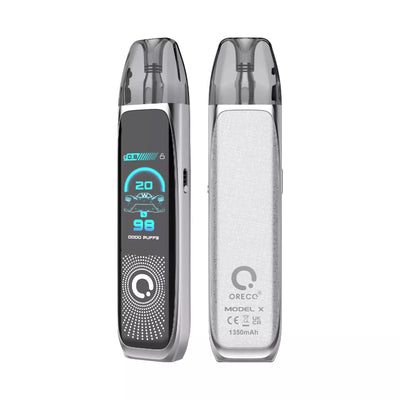 Oreco Model X Vape Kit in Bright Silver Color, featuring a compact design for a convenient and enjoyable vaping experience.