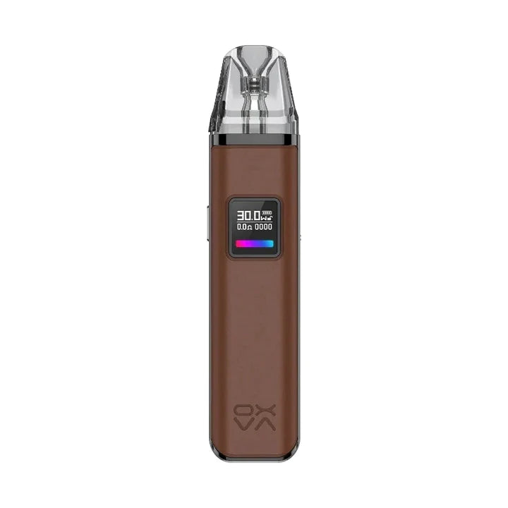 Oxva Xlim Pro Pod Vape Kit in Brown Leather – premium pod device with an adjustable wattage, OLED display, and precise airflow control for a tailored vaping experience.