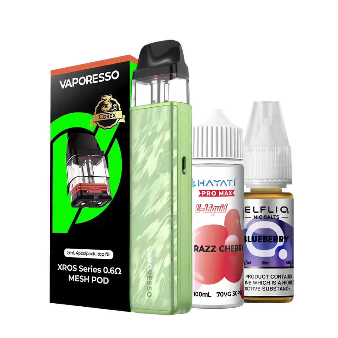 Vaporesso Xros 5 Mini Pod Kit Bundle – includes replacement pods and 2 nic salts of your choice for the perfect setup.