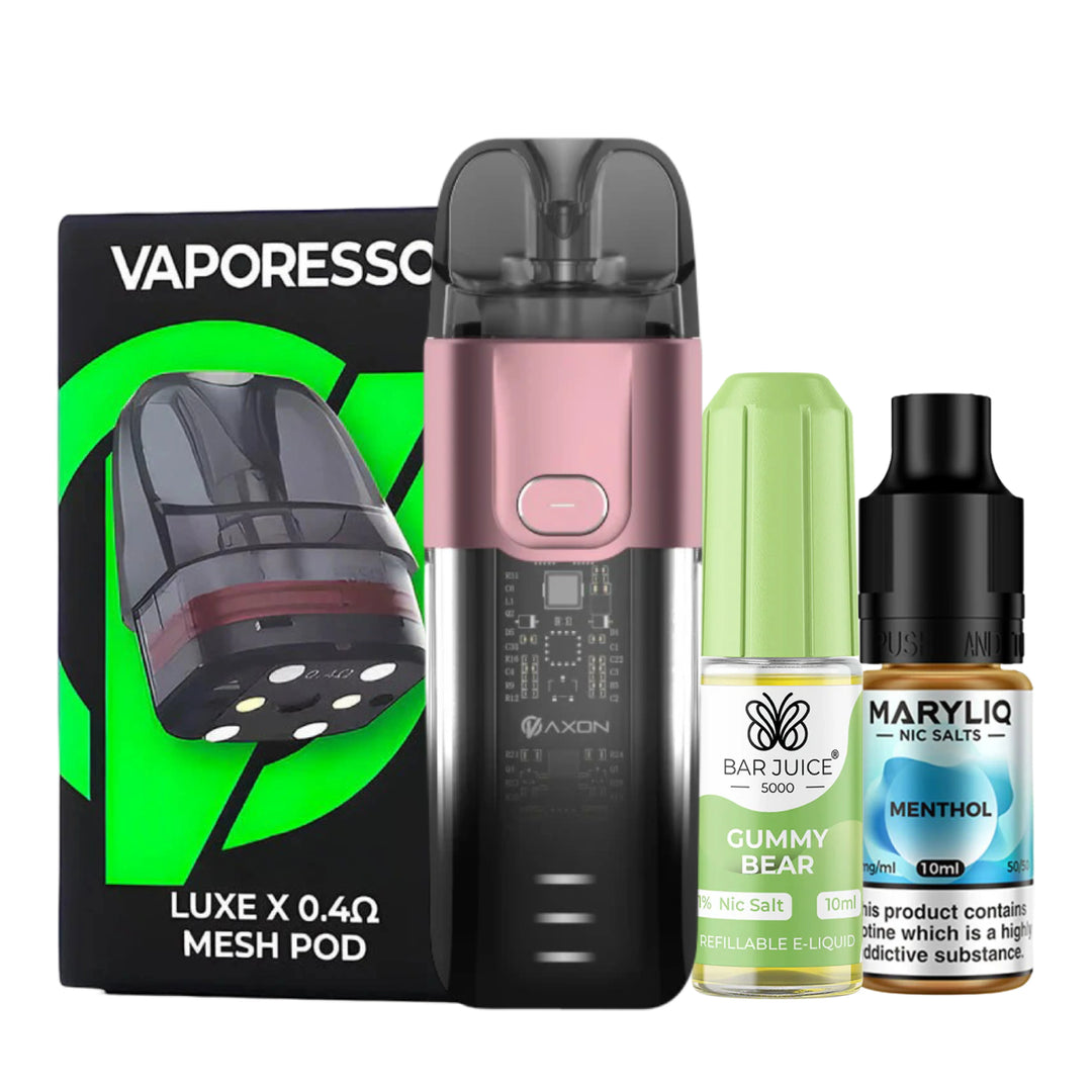 Vaporesso LUXE XR Pod Kit Bundle – futuristic and powerful pod system with a sleek silver finish, with Luxe X replacement pods and 2 nic salts of you choice.