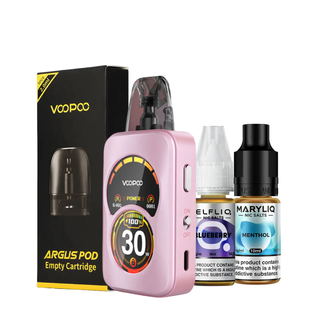 VooPoo Argus A Pod Vape Kit Bundle with Voopoo Argus replacement pods and 2 nic salts of your choice