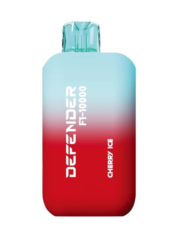 Defender F1-10000 Prefilled Pods in Cherry Ice flavor, featuring a gradient blue and red design with a transparent mouthpiece.