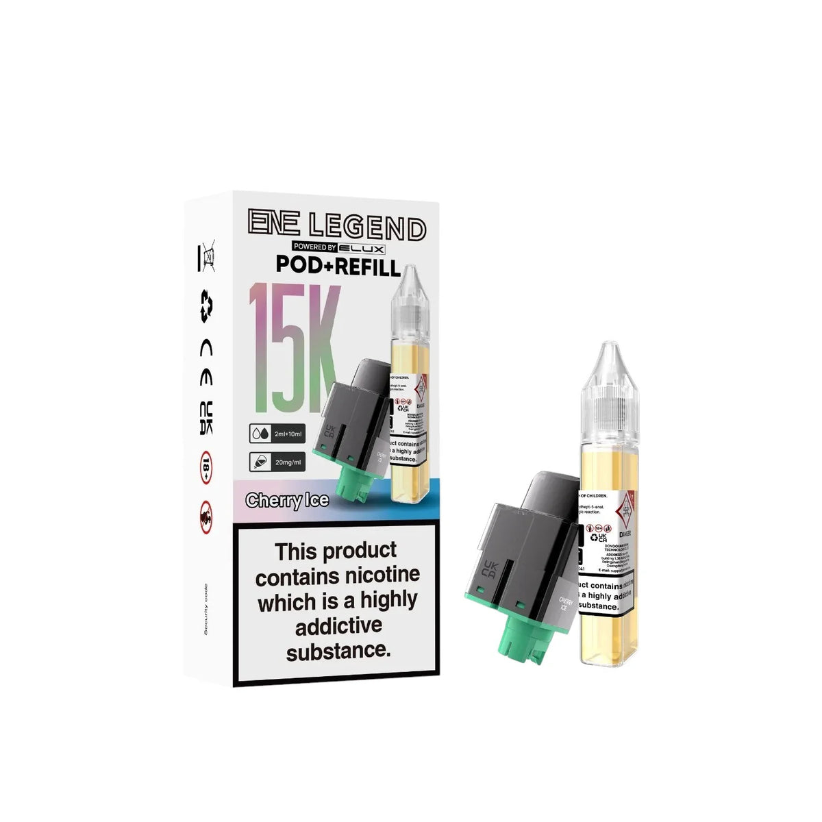 Elux ENE Legend 15K Prefilled Pods in Cherry Ice – replacement prefilled pods with 2ml e-liquid capacity.