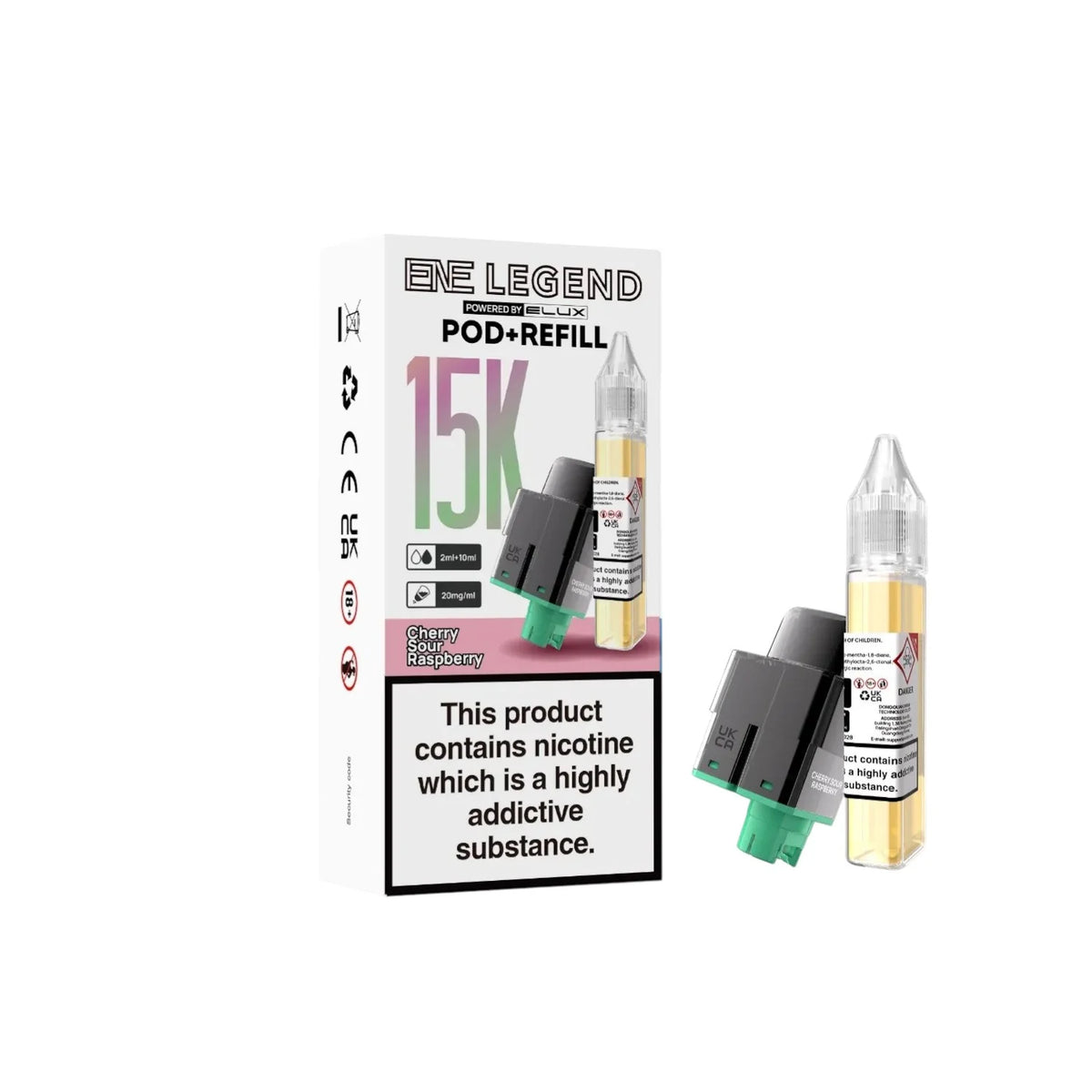 Elux ENE Legend 15K Prefilled Pods in Cherry Sour Raspberry – replacement prefilled pods with 2ml e-liquid capacity.