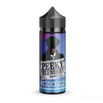 Load image into Gallery viewer, A bottle of Camdem Town Peeky Blenders 100ML Vape Juice in Blue Raspberry Gazillions flavor, with a label featuring a shadowy figure and blue raspberries.
