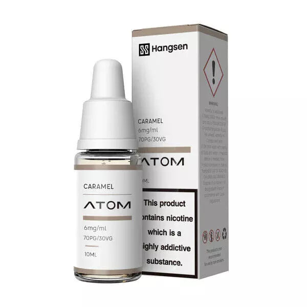 A bottle of Caramel Hangsen e-liquid next to its packaging box, which also contains the product.