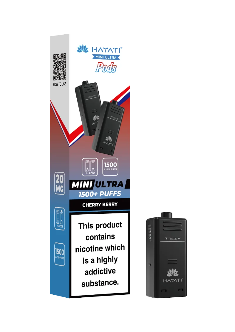Hayati Mini Ultra 1500 Cherry Berry prefilled pods compatible with the Mini Ultra device, available in various flavours
