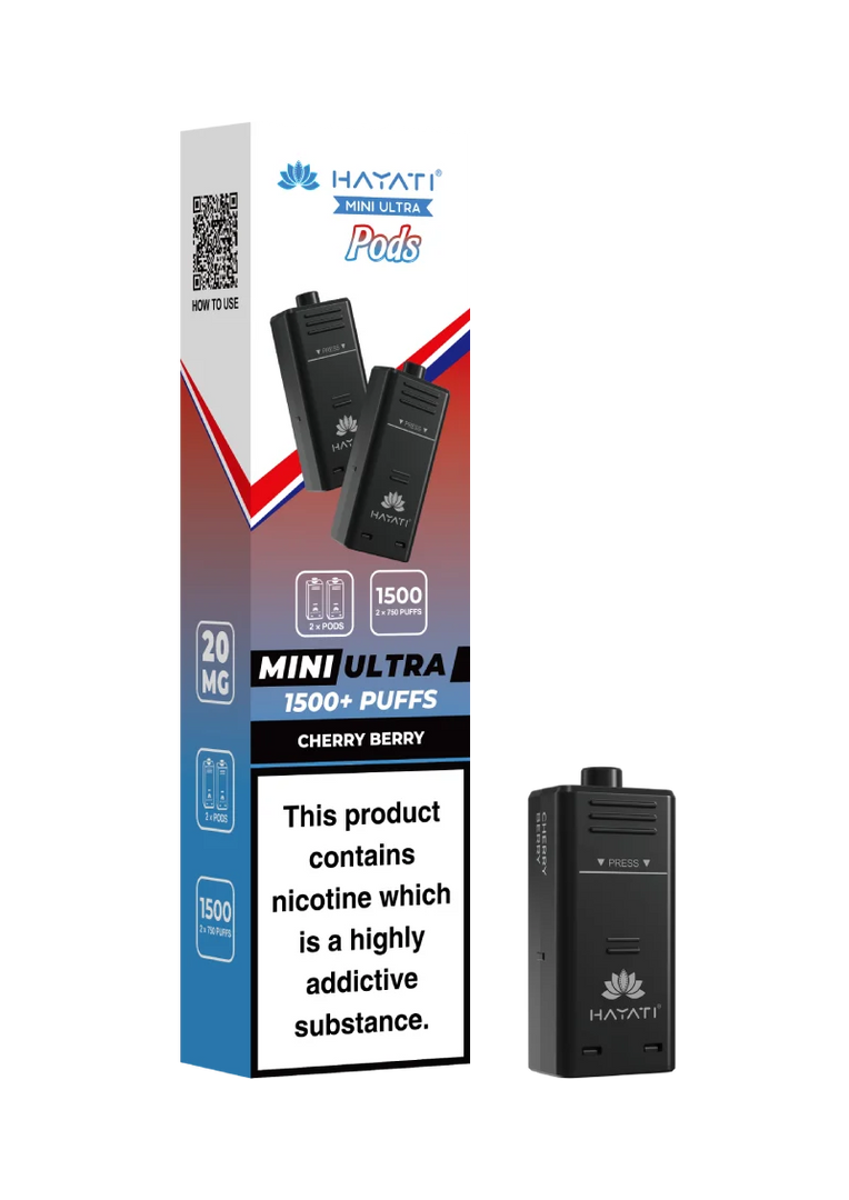 Hayati Mini Ultra 1500 Cherry Berry prefilled pods compatible with the Mini Ultra device, available in various flavours