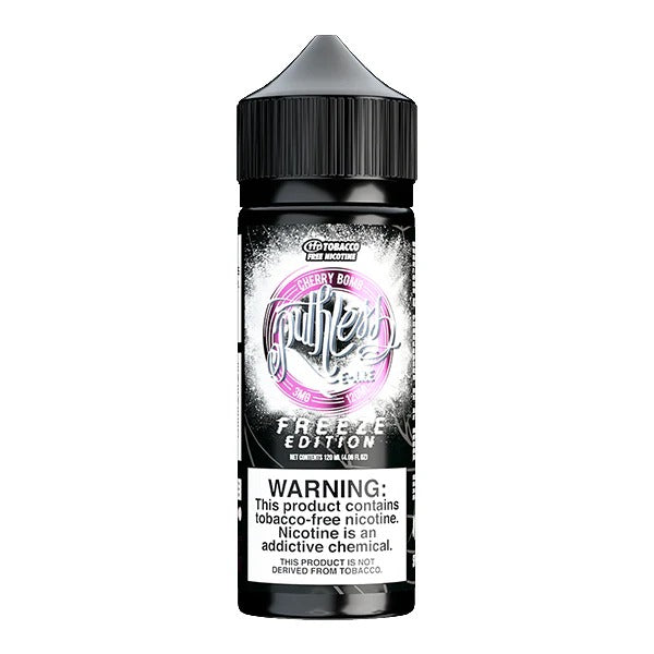 A 100ml bottle of Ruthless Cherry Bomb e-liquid with a nicotine warning label, predominantly black in color with white and pink accents.