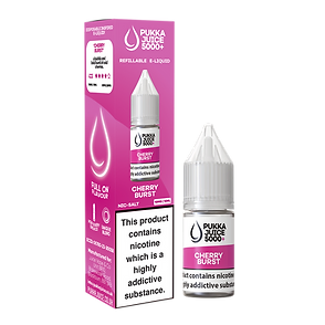 Packaging for Cherry Burst Pukka Juice 5000+ Nic Salt E-Liquid featuring a bottle and box with brand and product information.