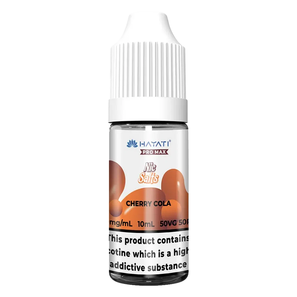 Hayati Pro Max Nic Salt Vape E-Liquid 10ml in Cherry Cola Flavor, offering a smooth and satisfying vaping experience with convenient 10ml bottle packaging.