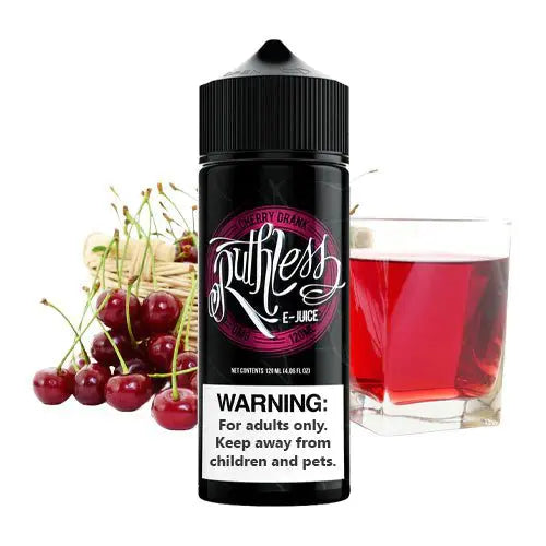 A 100ml bottle of Ruthless Cherry Drank e-liquid with a label showing the brand name and a warning sign indicating the product is for adults only. There are cherries and a glass of red liquid in the background.