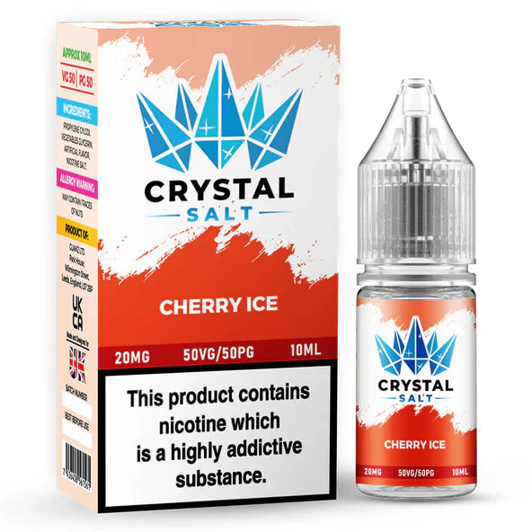 A product image showing a box and a bottle of Crystal Salt Cherry Ice e-liquid, highlighting the nicotine content and flavor.