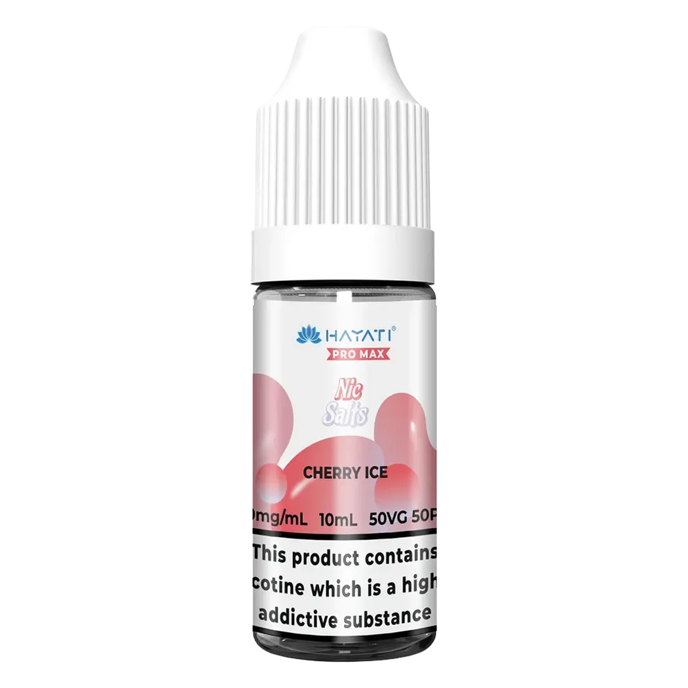 Hayati Pro Max Nic Salt Vape E-Liquid 10ml in Cherry Ice Flavor, offering a smooth and satisfying vaping experience with convenient 10ml bottle packaging.