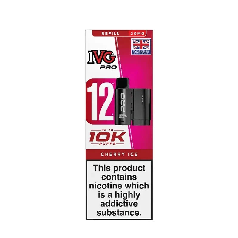 IVG Pro 12 prefilled vape pods in Cherry Ice flavor, offering a refreshing mint taste with a convenient disposable design