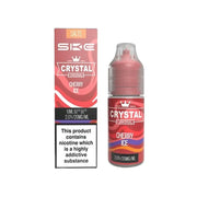 A product image showing a 10ml bottle of Cherry Ice SKE Crystal Nic Salt E Liquid, with a red and white label, and a box with the same color scheme. The packaging indicates the flavor and nicotine strength.