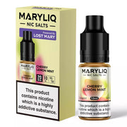 Packaging and bottle of MARYLIQ Cherry Lemon Mint Nicotine Salts, 10ml size, with a label indicating it contains nicotine which is an addictive substance.