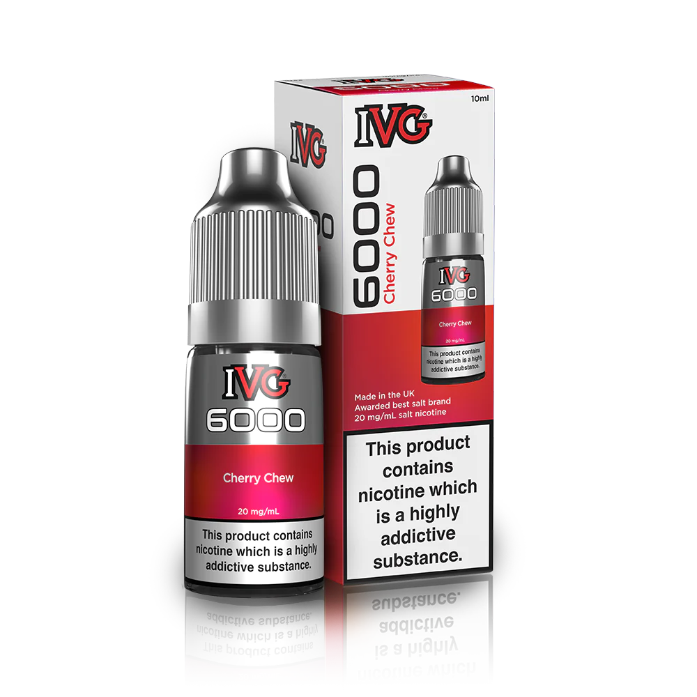 10ml bottle of IVG 6000 Nicotine Salt Vape Juice in Cherry Chew flavor, blending crisp green apple with an icy menthol twist; available in 10mg and 20mg strengths, featuring a smooth nic salt formula perfect for pod kits and mouth-to-lung vaping.