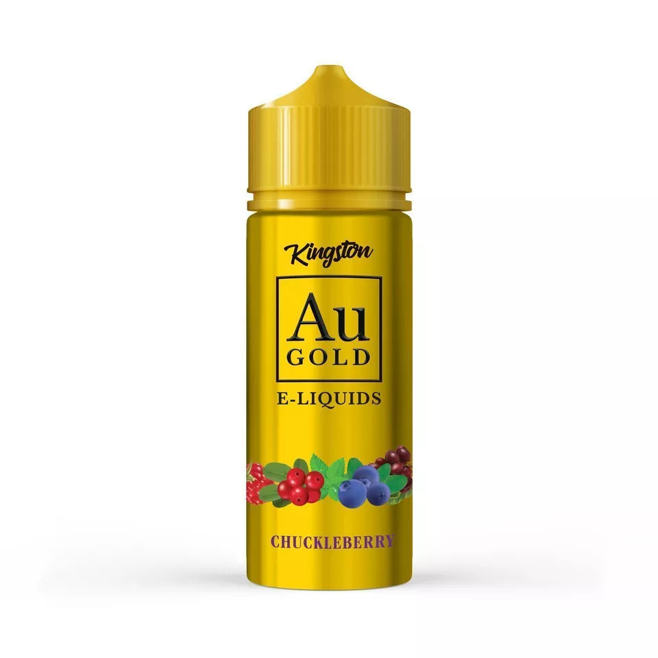 A bottle of Kingston AU Gold E-Liquids with Chuckleberry flavor, featuring a yellow cap and a label with berry images. The bottle size is 100ml.
