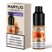 The image shows a product packaging and a bottle of MARYLIQ Citrus Sunrise Nic Salt E-Liquid with a nicotine strength of 20mg/ml. The packaging is predominantly beige and purple with images of oranges and lemons, indicating the citrus flavor.