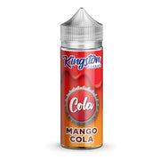 A bottle of Kingston Cola Mango e-liquid with a red and white label, indicating nicotine-free and childproof cap.