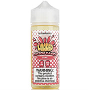 A bottle of Cotton Candy Pink Loaded E-Liquid with a label featuring a pink and white color scheme and text indicating the flavor, along with a warning about nicotine content.