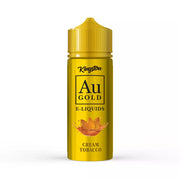 Bottle of Kingston AU Gold Cream Tobacco 100 ml shortfill e‑liquid with metallic golden-yellow packaging, featuring the bold ‘AU Gold’ logo and flavor name ‘Cream Tobacco,’ accented by stylized tobacco leaf and cream swirl graphics—designed as a 70VG/30PG blend for sub‑ohm vaping devices.