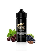 Load image into Gallery viewer, A 100ml bottle of Arabian Oryx Dark Cherry Grape Aniseed Menthol E-Liquid, with a black label and a hint of mint leaves, alongside grapes and aniseed spice.
