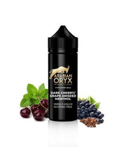 A 100ml bottle of Arabian Oryx Dark Cherry Grape Aniseed Menthol E-Liquid, with a black label and a hint of mint leaves, alongside grapes and aniseed spice.
