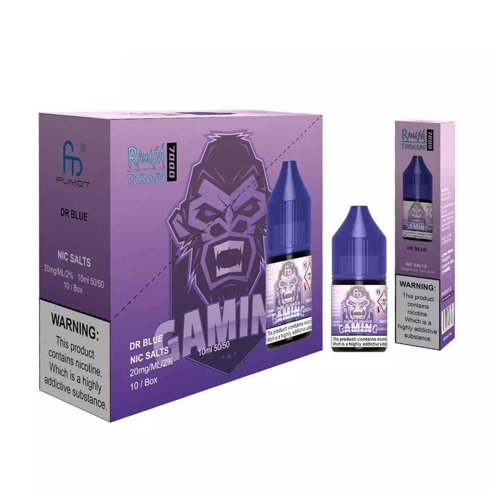 Product image showing a box and two bottles of Dr Blue R&M Nic Salt E Liquid, with a purple color scheme and Dr. Blue character branding.