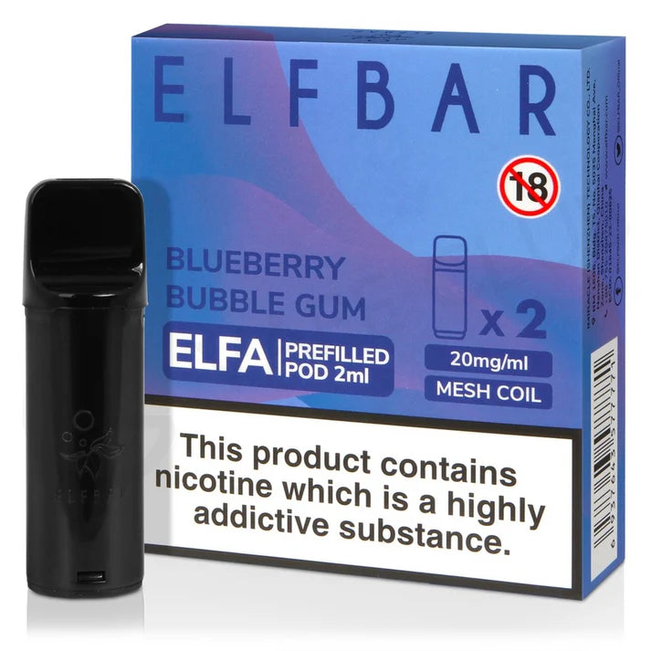 Elf Bar Elfa prefilled pod in Blueberry Bubble Gum flavor, combining the sweetness of classic bubble gum with juicy blueberries for a smooth and playful vape, designed for use with the Elf Bar Elfa device for a fun and flavorful vaping experience.