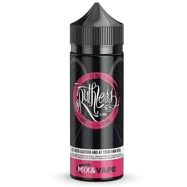 A 100ml bottle of EZ Duz It Ruthless strawberry and watermelon flavor e-liquid with a black label, pink highlights, and white text.