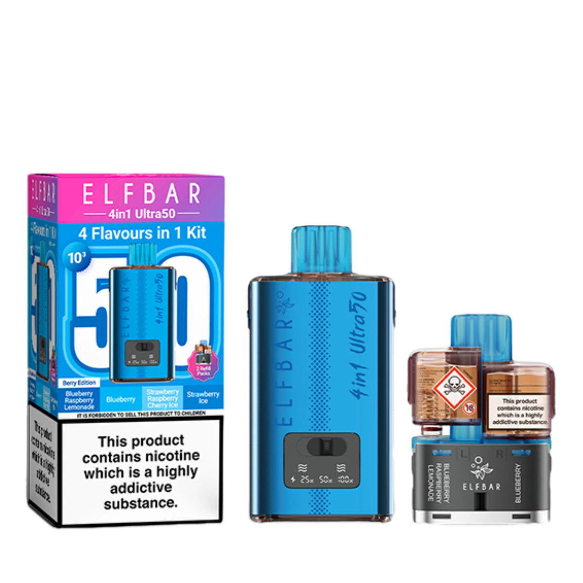 Elf Bar 4 in 1 Ultra 50 Pod Kit in Berry Edition – rechargeable pod system with 650mAh battery and four prefilled flavour pods for convenient vaping.