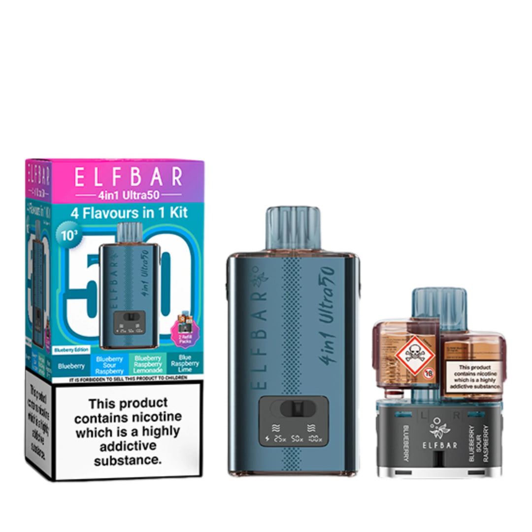 Elf Bar 4 in 1 Ultra 50 Pod Kit in Blueberry Edition – rechargeable pod system with 650mAh battery and four prefilled flavour pods for convenient vaping.