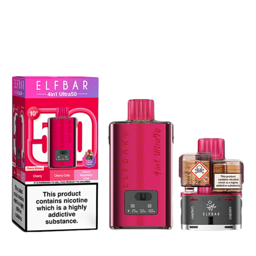 Elf Bar 4 in 1 Ultra 50 Pod Kit in Cherry Edition – rechargeable pod system with 650mAh battery and four prefilled flavour pods for convenient vaping.