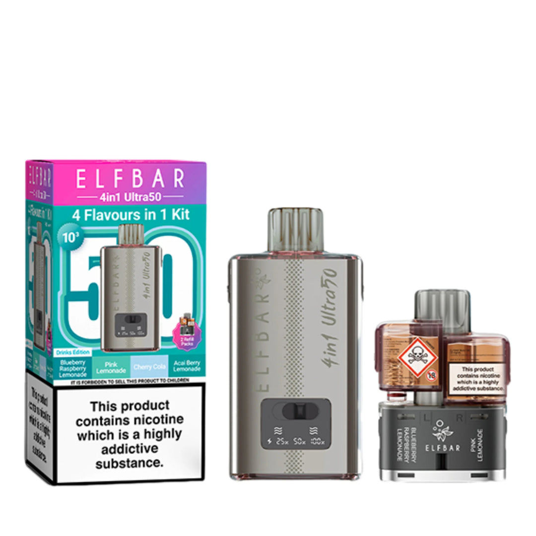 Elf Bar 4 in 1 Ultra 50 Pod Kit in Drinks Edition – rechargeable pod system with 650mAh battery and four prefilled flavour pods for convenient vaping.