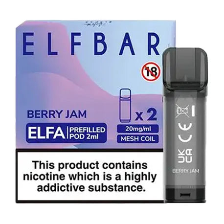 Elf Bar Elfa prefilled pod in Berry Jam flavor, offering a sweet and rich blend of mixed berries reminiscent of classic berry preserves, designed for use with the Elf Bar Elfa device for a smooth and fruity vaping experience.