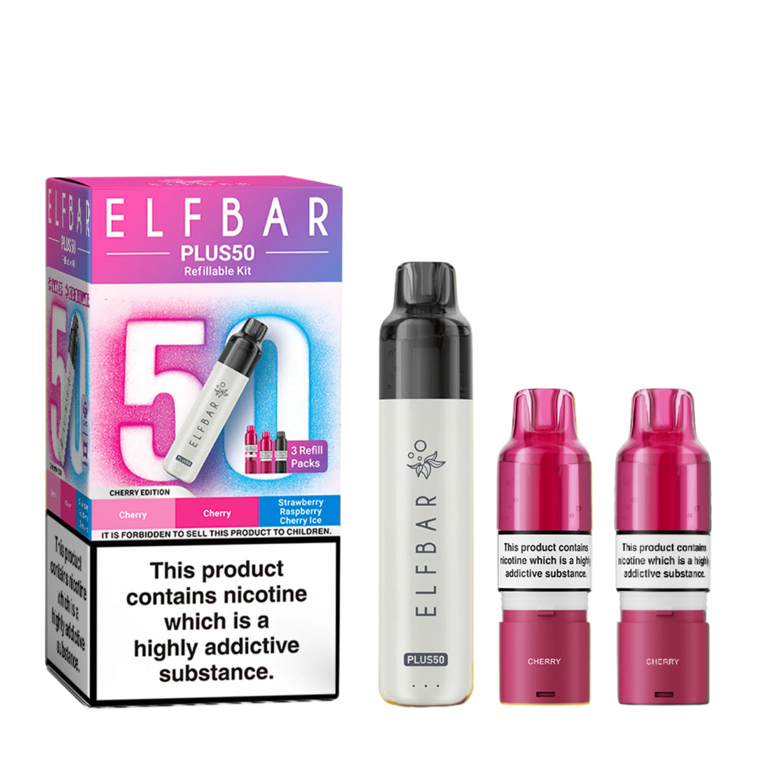 Elf Bar Plus 50 Prefilled Pod Kit in Cherry Edition – rechargeable pod vape kit with 800mAh built-in battery and prefilled flavour pods for convenient vaping